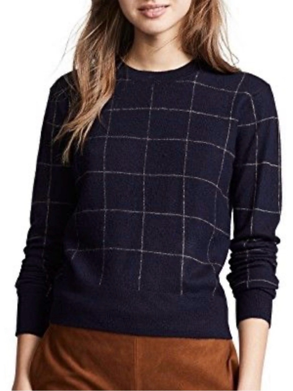 Vince 100% Cashmere Windowpane Plaid Crewneck Jumper Sweater Navy Blue Tan L